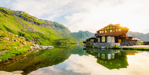 Fagaras mountains with Balea lake on Transfagarasan serpentine road in Sibiu County, Romania.