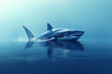 Fototapeta premium A sleek shark gliding just below the surface of calm water, its dorsal fin cutting through,