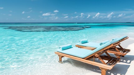 A serene beach scene featuring lounge chairs by clear turquoise waters and a sandy shore under a bright blue sky.