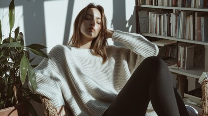 Fototapeta premium Cozy Indoor Scene of Model in Luxury-Style Outfit with Books and Natural Light for Relaxation