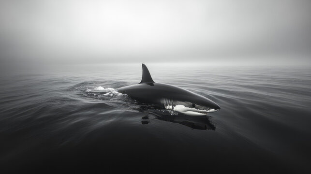 A shark&acirc;&euro;&trade;s dorsal fin breaking through the surface as it searches for prey,