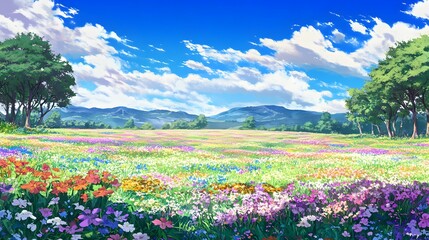 Gorgeous hand-drawn illustration depicting scenic mountains and farmlands, enriched with intricate details and an anime-inspired touch.