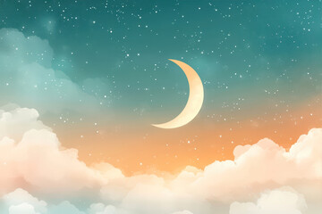 A Crescent Moon Shines Brightly Among Twinkling Stars and Fluffy Clouds During Twilight Hours