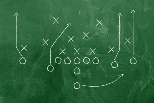 Scheme of football game on green chalkboard background. American Football coaching to the championship.