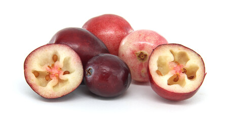 Fresh Whole and Cut Cranberries on White Background
