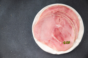 Ham slice pork meat fresh tasty food dish delicious gourmet food background on the table rustic food top view copy space