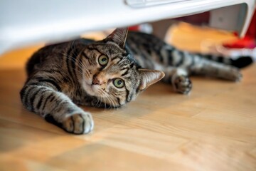Tabby cat relaxing under furniture at home