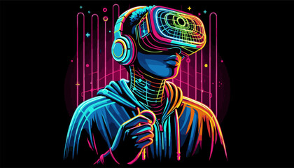 A man wearing virtual reality glasses on a black background. Neon style. Vector illustration of EPS 10.