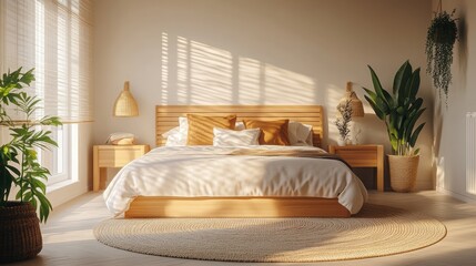 Fototapeta premium Sunlit Bedroom With Wooden Bed And Natural Decor