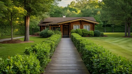 Obraz premium Tranquil Retreat: a charming wooden cottage is framed by lush greenery, a inviting walkway leads to the front door, conveying a sense of tranquility and escape. 