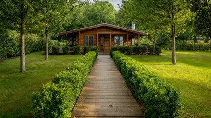 Fototapeta premium Serene Cabin Retreat: Capture the rustic charm of a secluded wooden cabin nestled amidst verdant greenery and a meticulously manicured lawn, creating a tranquil retreat.