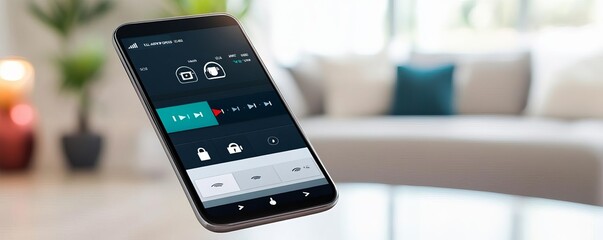 Home security app screen, real-time video feed, alarm controls, sleek and secure layout