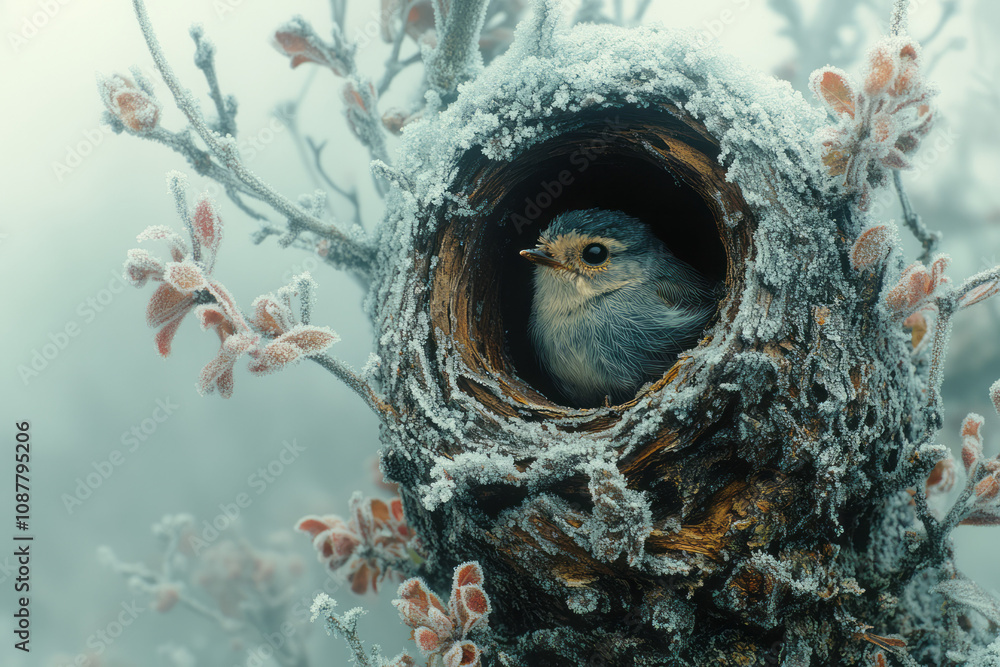 Poster a frosted hollow tree with a tiny bird nestling inside for warmth,