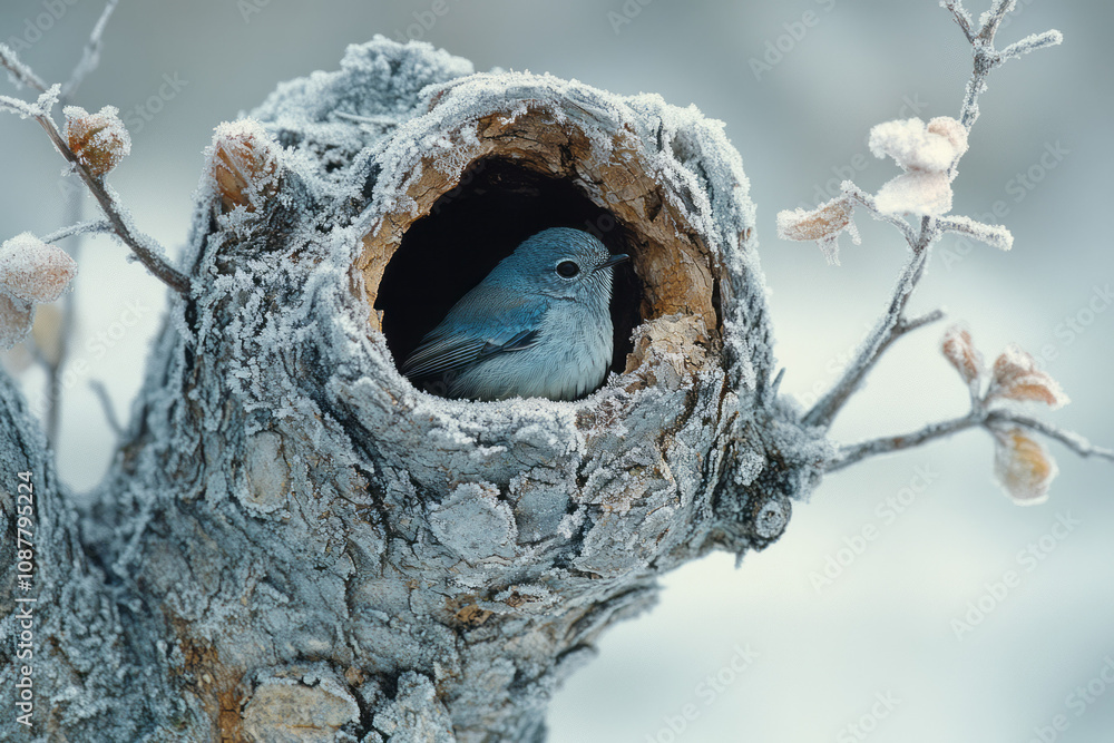 Poster a frosted hollow tree with a tiny bird nestling inside for warmth,