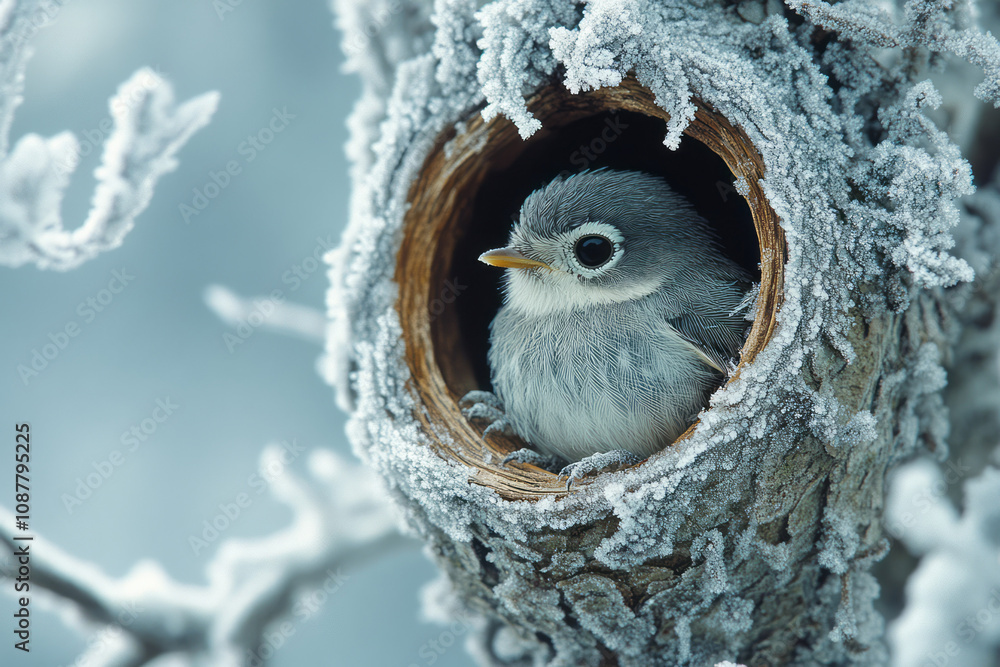 Poster a frosted hollow tree with a tiny bird nestling inside for warmth,