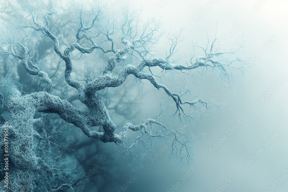 Poster a minimalist representation of fungal hyphae branching in a fractal-like pattern,