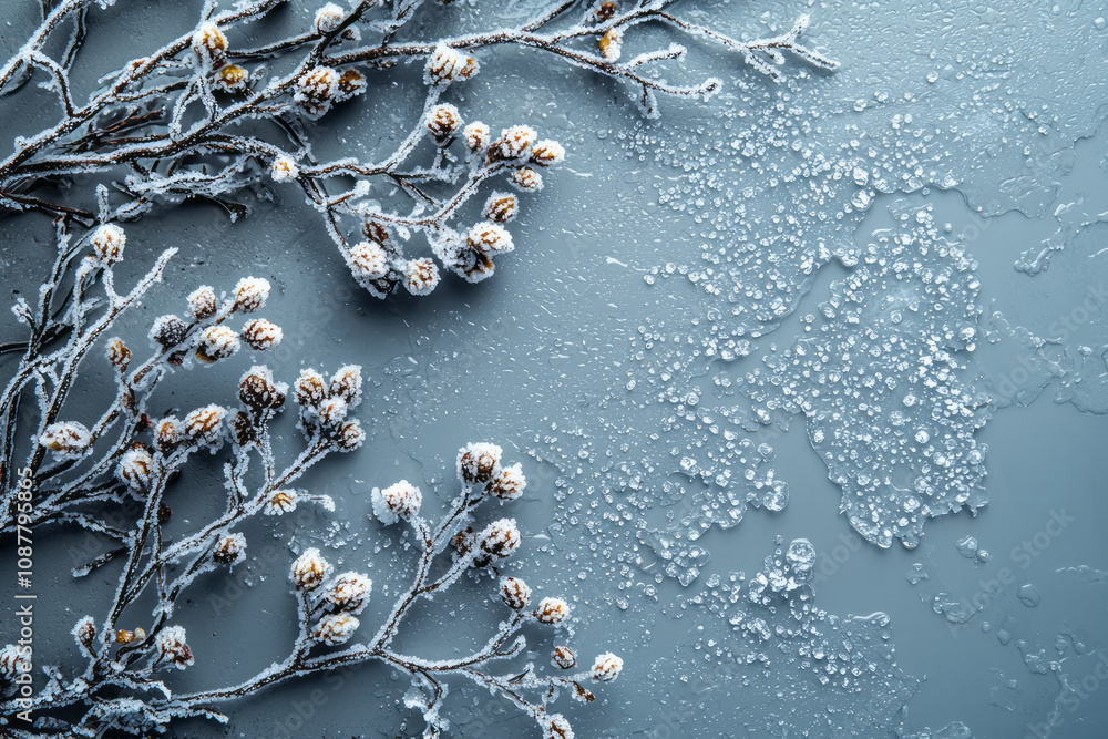 Poster a minimalist frozen puddle with intricate ice patterns, reflecting soft light,