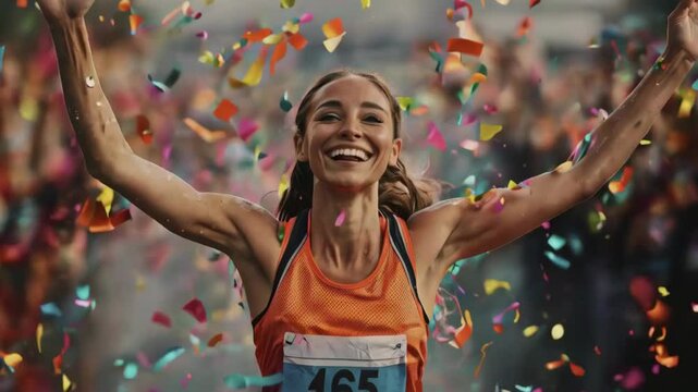 Joyful Young Marathon Runner Woman Reaching Finish Line Covered in Colorful Confetti Celebration Triumph new beautiful stock video footage animation AI