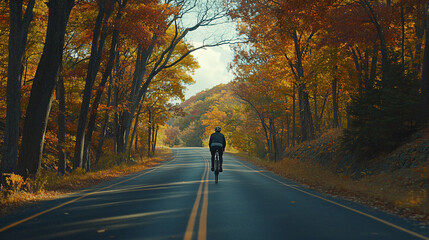 Fototapeta premium Cyclist enjoying a smooth ride on a paved road surrounded by autumn trees