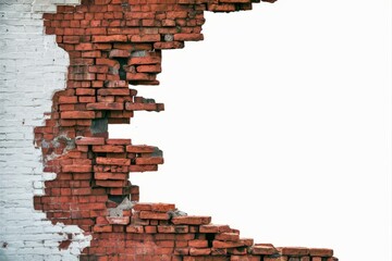 Obraz premium Broken Brick Wall: A damaged brick wall reveals a glimpse of the space beyond, showcasing the effects of time and decay in a visually compelling manner.