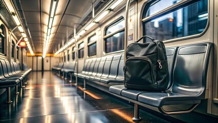 Black backpack empty subway seat, urban solitude travel concept  

