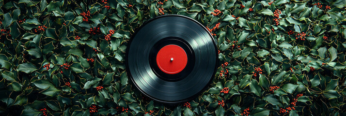 A single vinyl record with a bold red label, nestled within a wreath of minimalist green holly leaves,