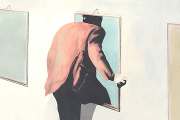 illustration of man entering a surreal painting, optical illusion concept