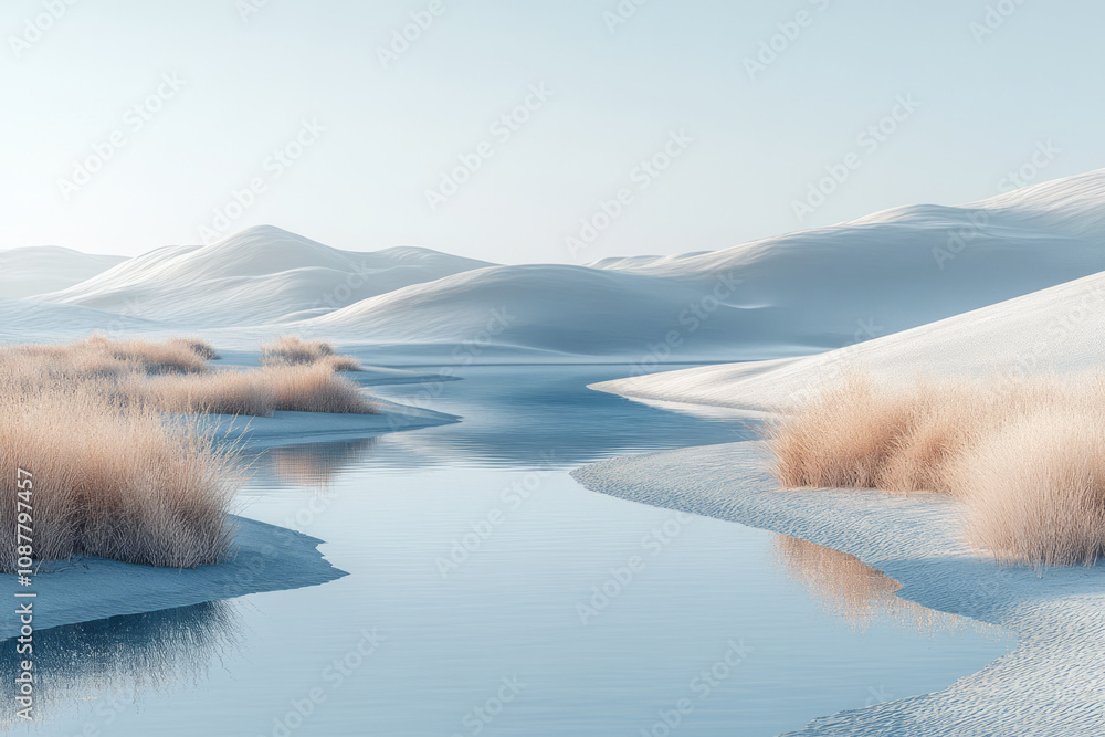 Poster a surreal desert with vein-like water channels branching symmetrically, emphasizing minimalist forms