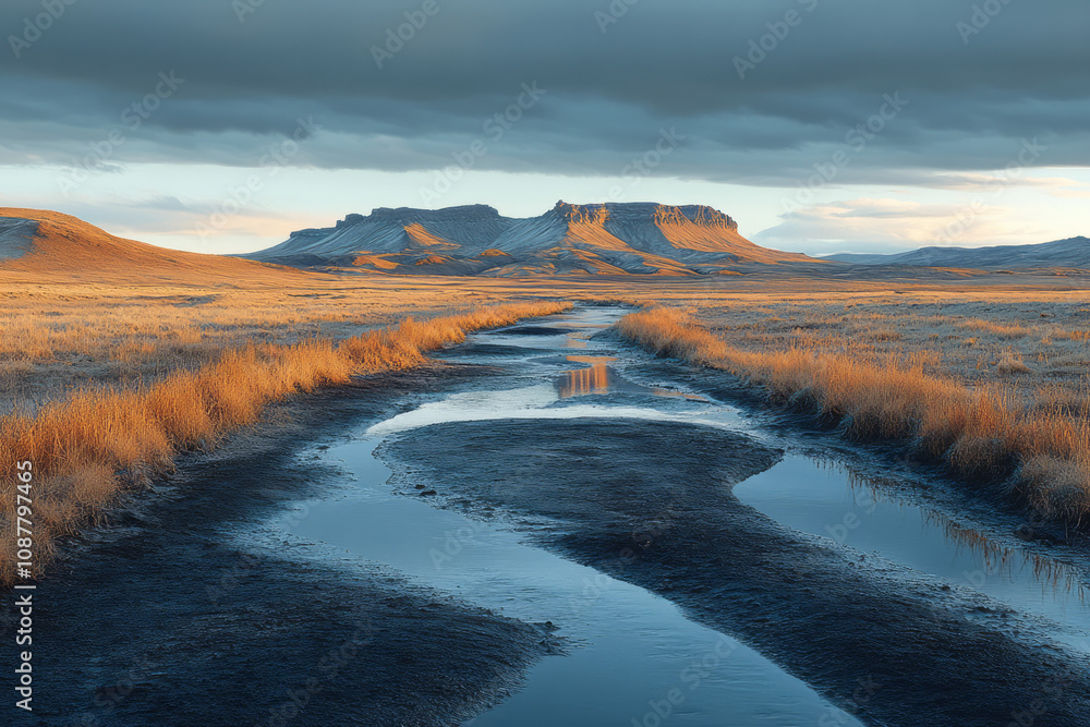 Poster a surreal desert with vein-like water channels branching symmetrically, emphasizing minimalist forms