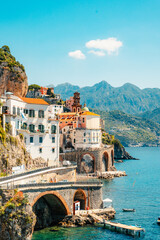 Atrani famous coastline in southern Italy, vertiginous cliffs adorned with colorful villages,...