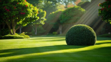 Tranquil Garden Scene: Sunlit rays illuminate a meticulously manicured garden, highlighting the lush greenery and tranquil ambiance of a serene outdoor space. 