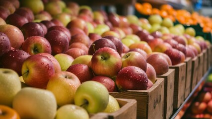 Abundance of Apples: An eye-level shot of a vibrant display of fresh apples, showcasing a spectrum of colors and varieties, from the crisp reds to the sunny yellows.