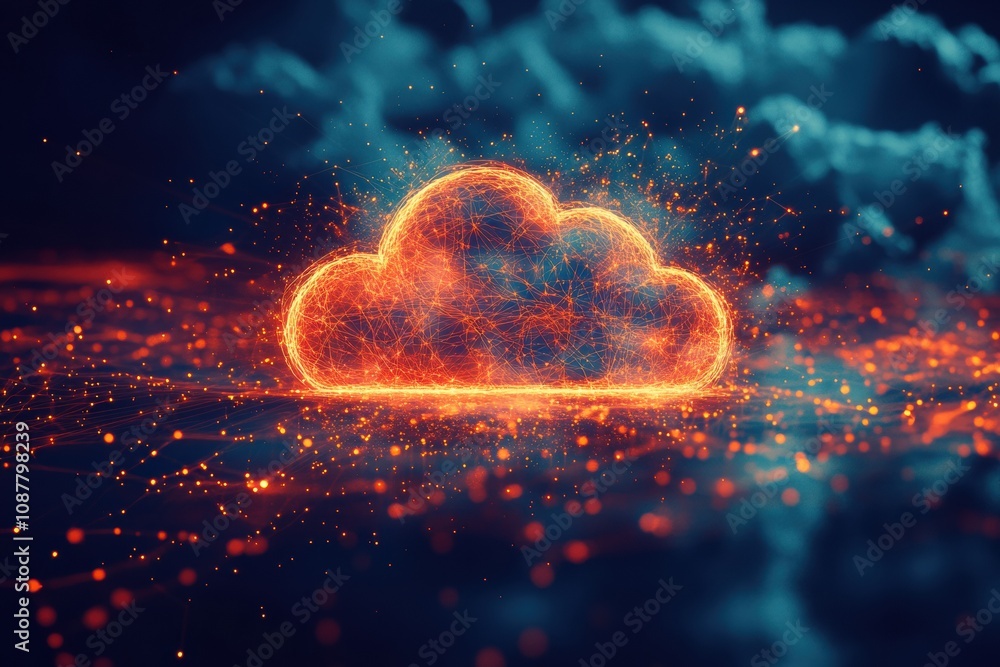 Poster The artwork features a luminous cloud icon surrounded by vibrant sparks, set against a dark, tech-inspired backdrop, showcasing digital elements. Generative AI