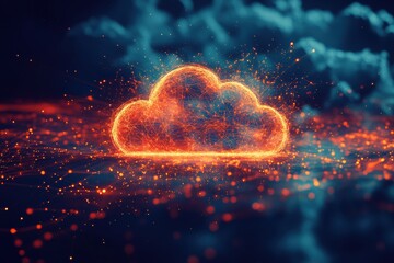 Obraz premium The artwork features a luminous cloud icon surrounded by vibrant sparks, set against a dark, tech-inspired backdrop, showcasing digital elements. Generative AI