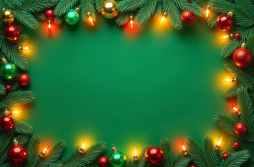 Rectangular frame with Christmas toys and garlands around the edge on a green background and space for copying