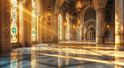 A grand mosque interior bathed in golden sunlight with ornate arches, intricate patterns, and majestic hanging lanterns. A breathtaking celebration of Islamic artistry