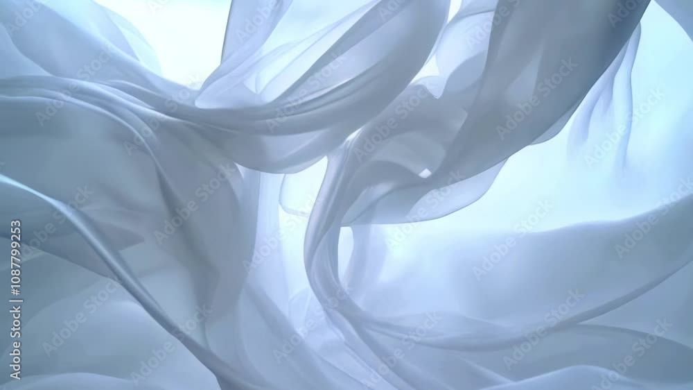 Poster Animation of snow-white translucent fabrics flowing with soft lines that reflect light. The shimmering light enhances volume and adds a sense of calm and grace