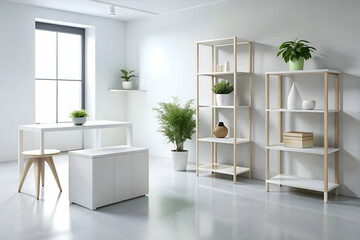 A modern, minimalistic interior featuring white furniture, plants, and natural light, creating a fresh and inviting workspace.
