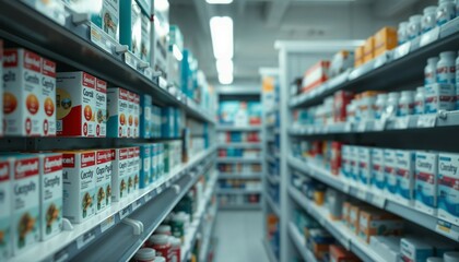 Shelves filled with colorful over-the-counter medicines in a bright pharmacy aisle. A clean, organized view emphasizing healthcare accessibility and modern retail convenience