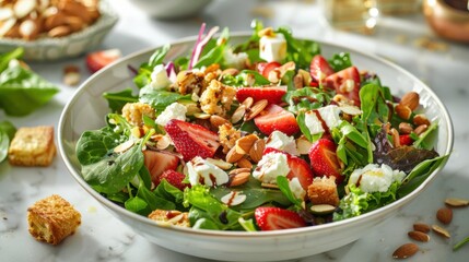 A refreshing salad bowl filled with mixed greens, strawberries