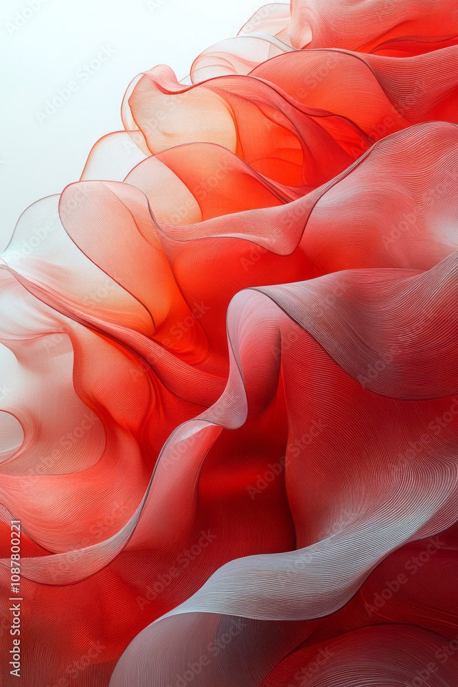 Poster twisting and flowing red transparent panels arranged in an energetic, wave-like pattern,