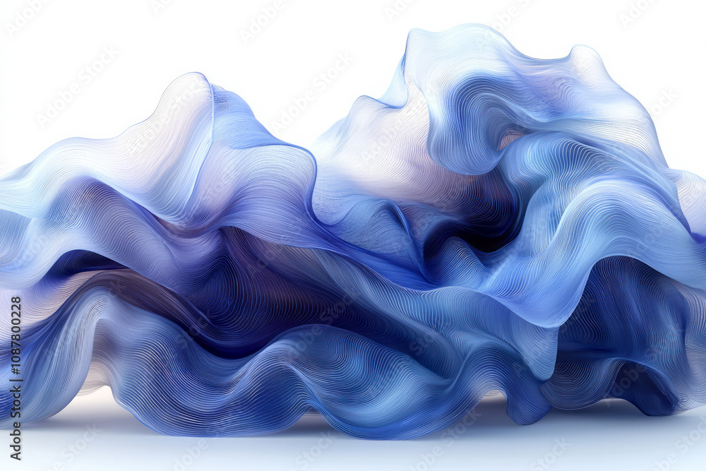 Poster abstract stacked blue curved layers forming a dynamic wave-like structure,