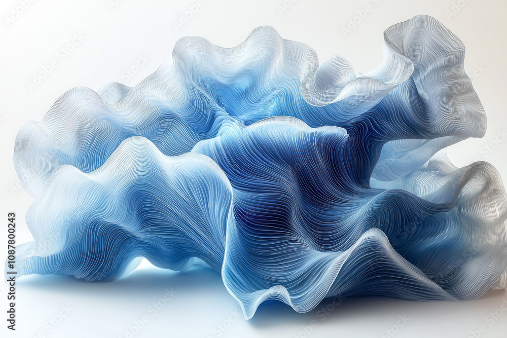 Poster abstract stacked blue curved layers forming a dynamic wave-like structure,