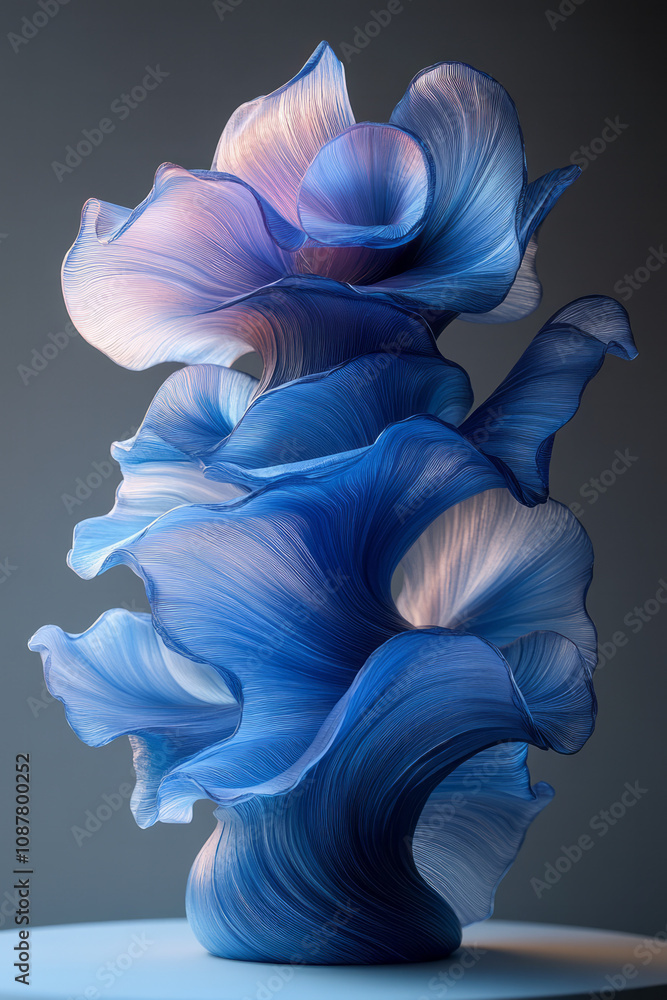 Poster a composition of flowing blue curved layers stacked intricately,
