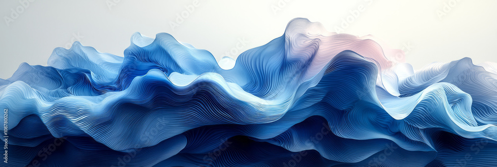 Poster stacked curved layers in various shades of blue, creating a mesmerizing abstract formation,