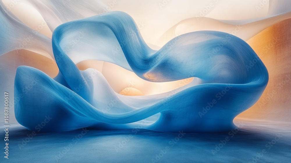 Poster Stacked and flowing blue curved layers, creating an elegant abstract design,