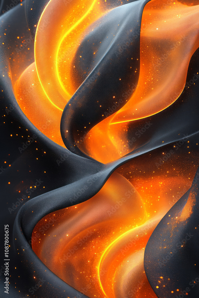 Poster dynamic black and orange ribbons with glowing edges, creating a captivating swirling pattern,