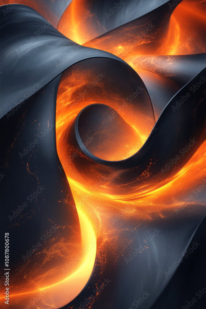 Poster dynamic black and orange ribbons with glowing edges, creating a captivating swirling pattern,