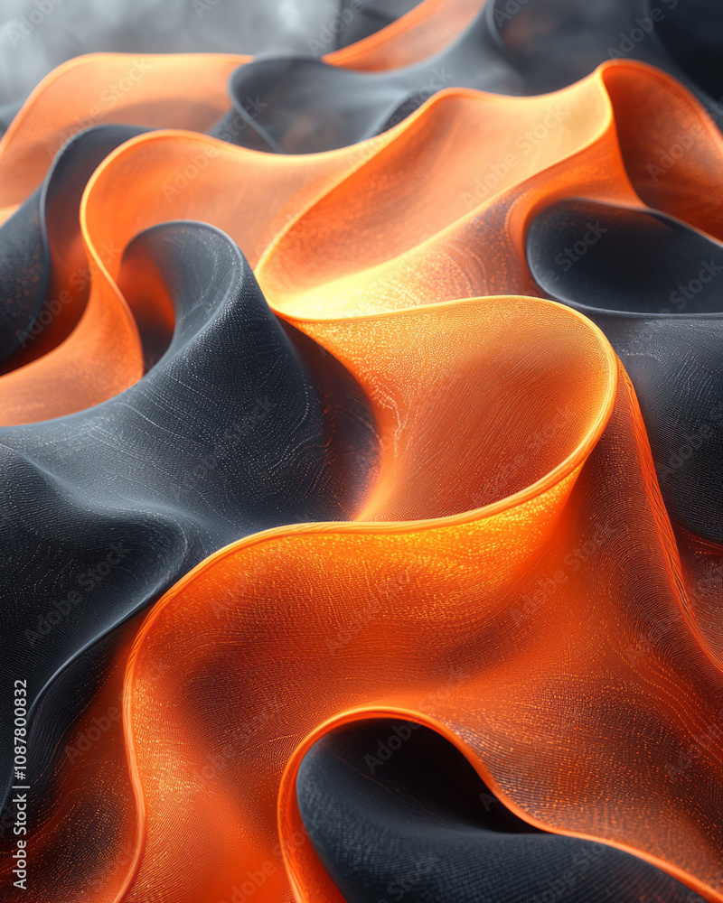 Poster elegant black and orange ribbons flowing dynamically with glowing accents, creating a bold contrast,