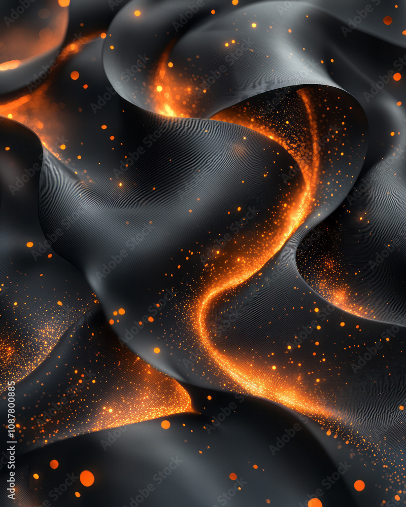 Poster elegant black and orange ribbons flowing dynamically with glowing accents, creating a bold contrast,